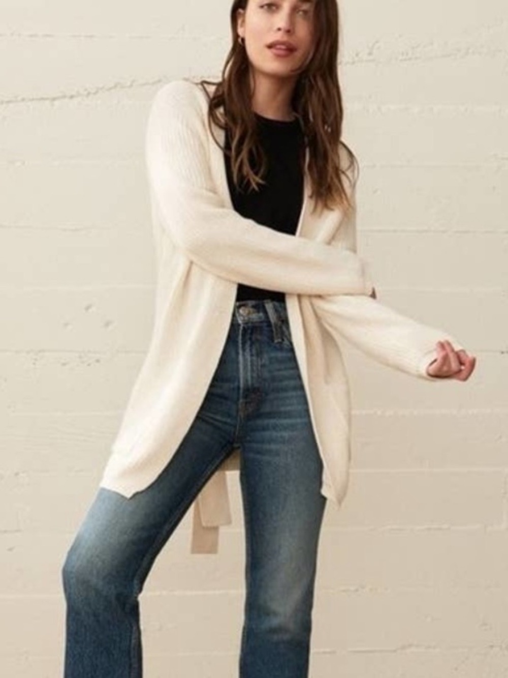 Jenni Kayne Everyday Cardigan Size Small White Cotton Open Front Long Line Knit